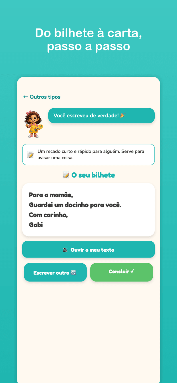 Bilhete pronto assinado pela criança